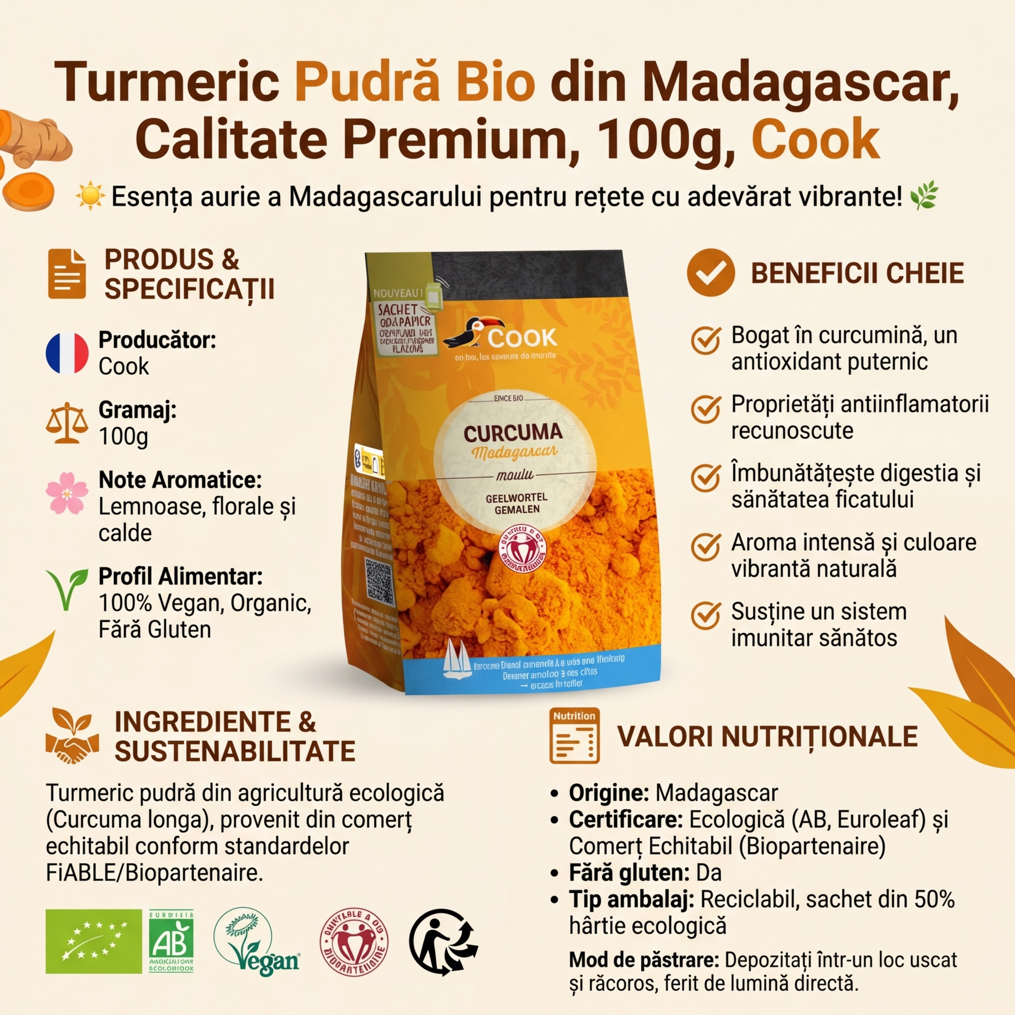 Turmeric Pudră Bio din Madagascar, Calitate Premium, 100g, Cook 4