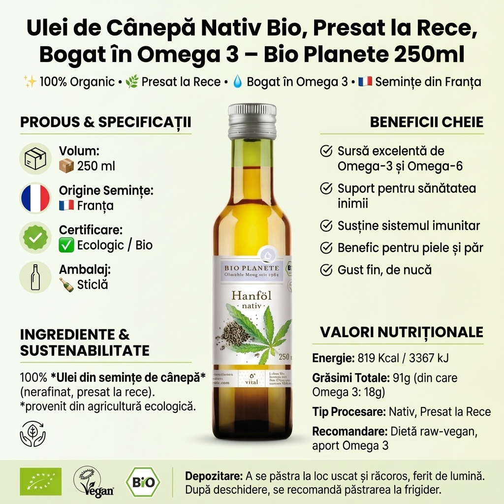 Ulei de Cânepă Nativ Bio, Presat la Rece, Bogat în Omega 3 – Bio Planete 250ml 4