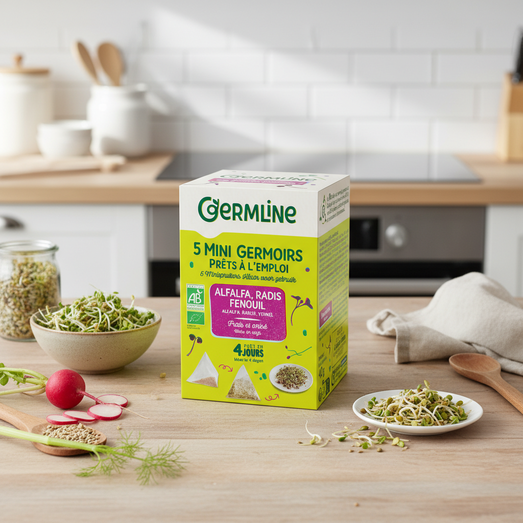 Kit Complet pentru Germinare: 5 Mini Germinatoare Bio cu Mix de Alfalfa, Ridiche și Fenicul, 40g, Germline 2
