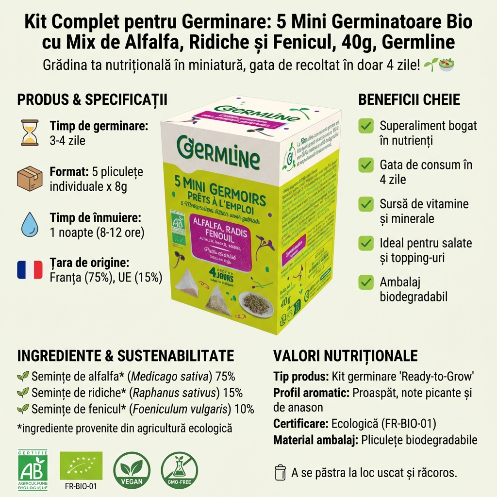 Kit Complet pentru Germinare: 5 Mini Germinatoare Bio cu Mix de Alfalfa, Ridiche și Fenicul, 40g, Germline 4