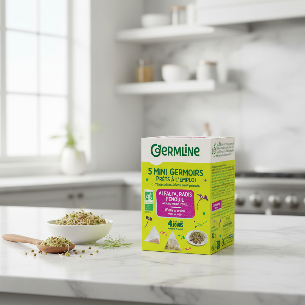 Kit Complet pentru Germinare: 5 Mini Germinatoare Bio cu Mix de Alfalfa, Ridiche și Fenicul, 40g, Germline