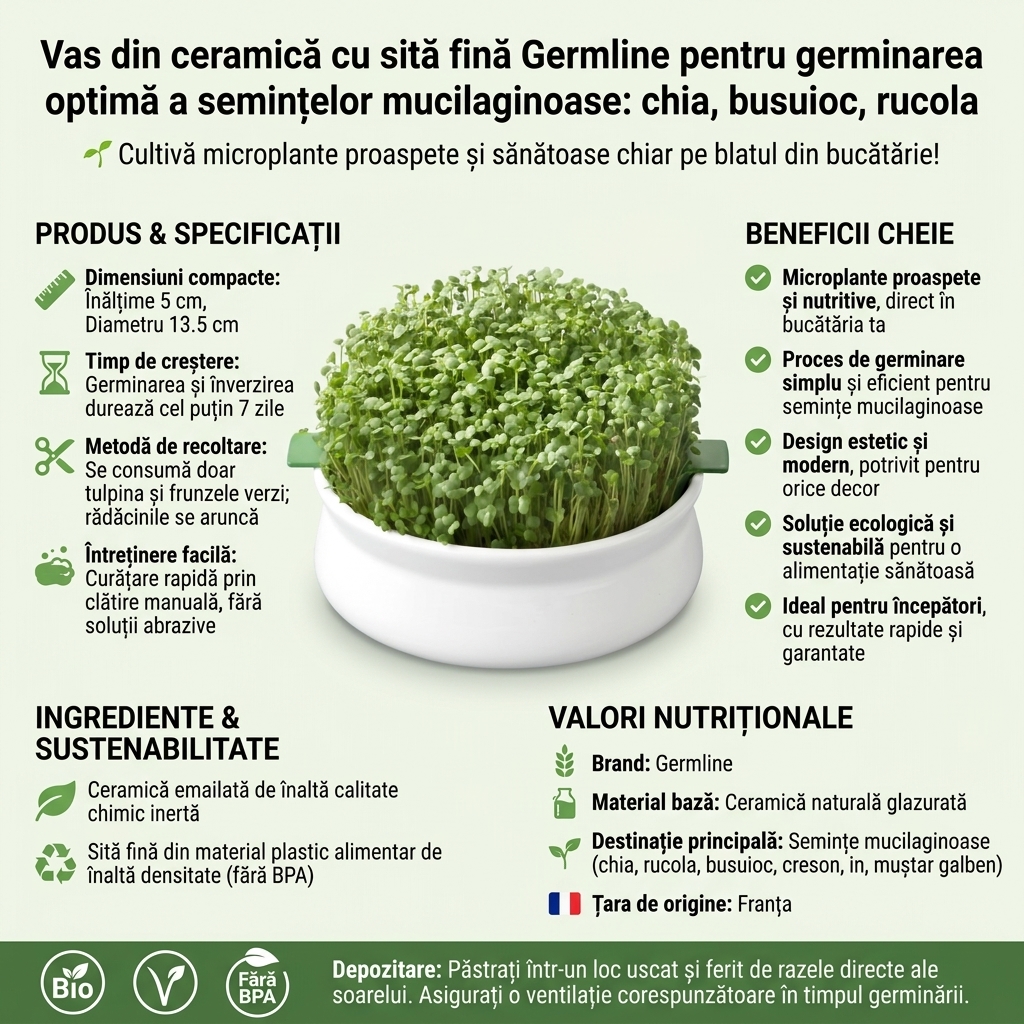 Vas din ceramică cu sită fină Germline pentru germinarea optimă a semințelor mucilaginoase: chia, busuioc, rucola 4