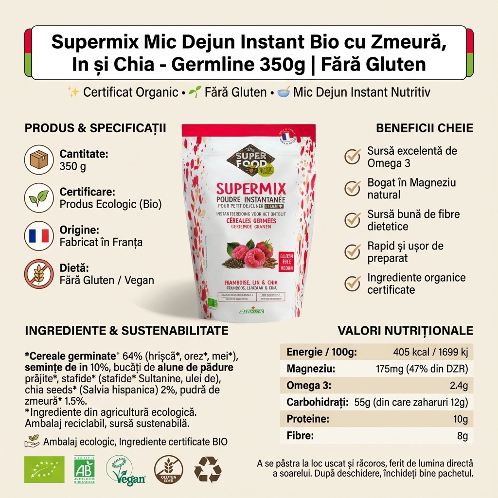 Supermix Mic Dejun Instant Bio cu Zmeură, In și Chia - Germline 350g | Fără Gluten 4
