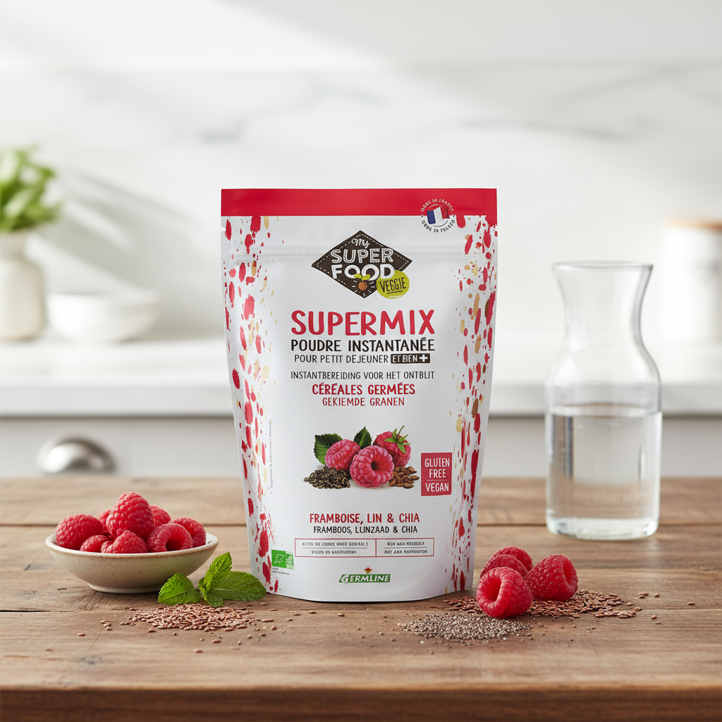 Supermix Mic Dejun Instant Bio cu Zmeură, In și Chia - Germline 350g | Fără Gluten