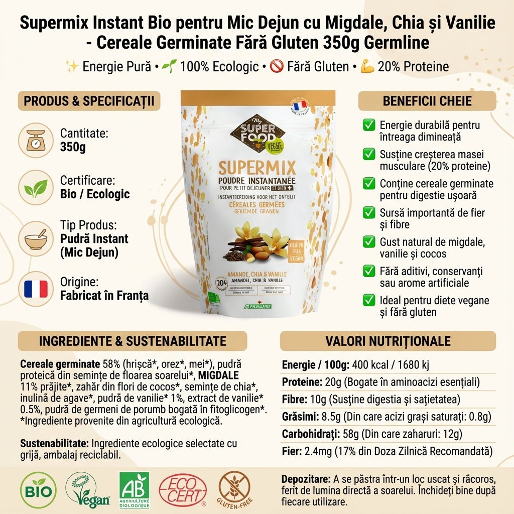 Supermix Instant Bio pentru Mic Dejun cu Migdale, Chia și Vanilie - Cereale Germinate Fără Gluten 350g Germline 4