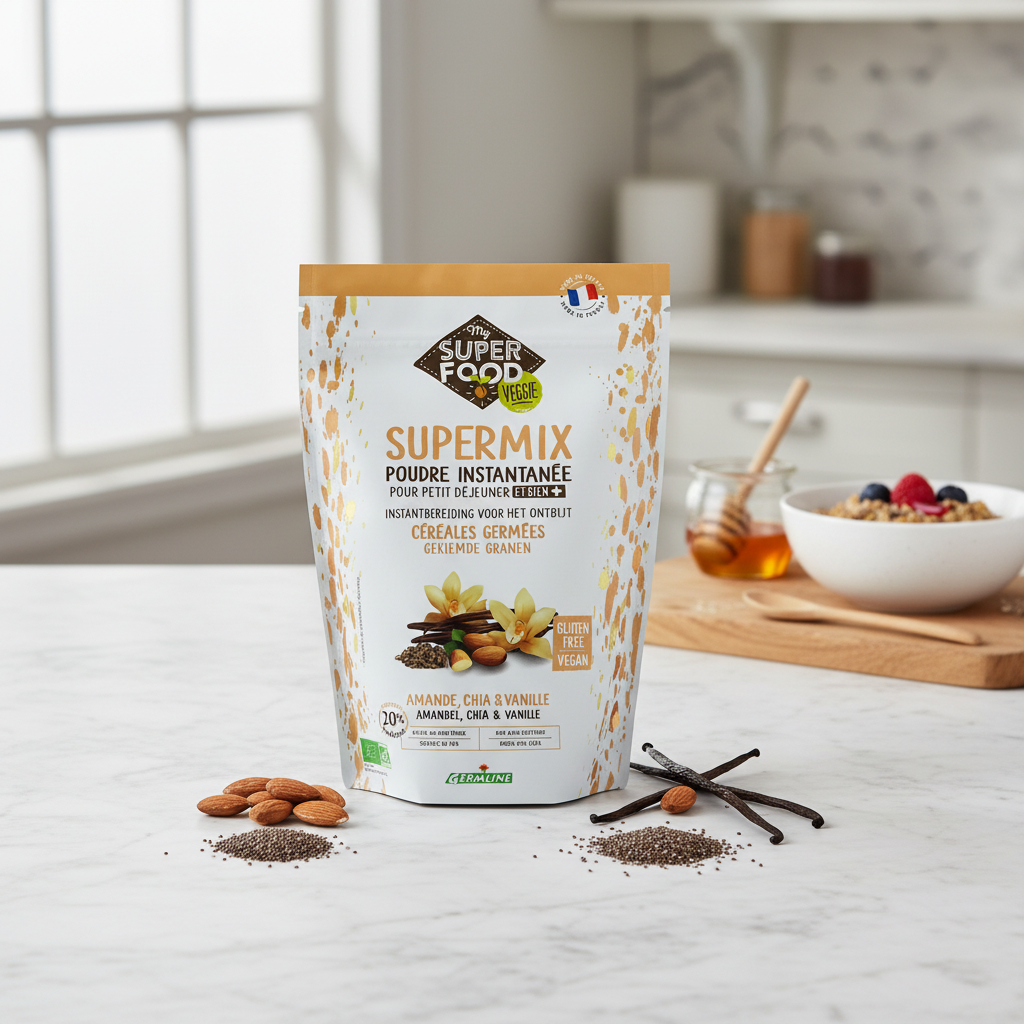 Supermix Instant Bio pentru Mic Dejun cu Migdale, Chia și Vanilie - Cereale Germinate Fără Gluten 350g Germline