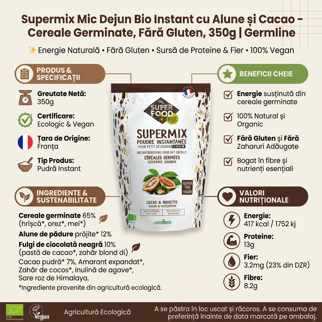 Supermix Mic Dejun Bio Instant cu Alune și Cacao - Cereale Germinate, Fără Gluten, 350g | Germline 4