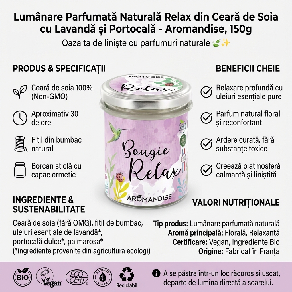 Lumânare Parfumată Naturală Relax din Ceară de Soia cu Lavandă și Portocală - Aromandise, 150g 4