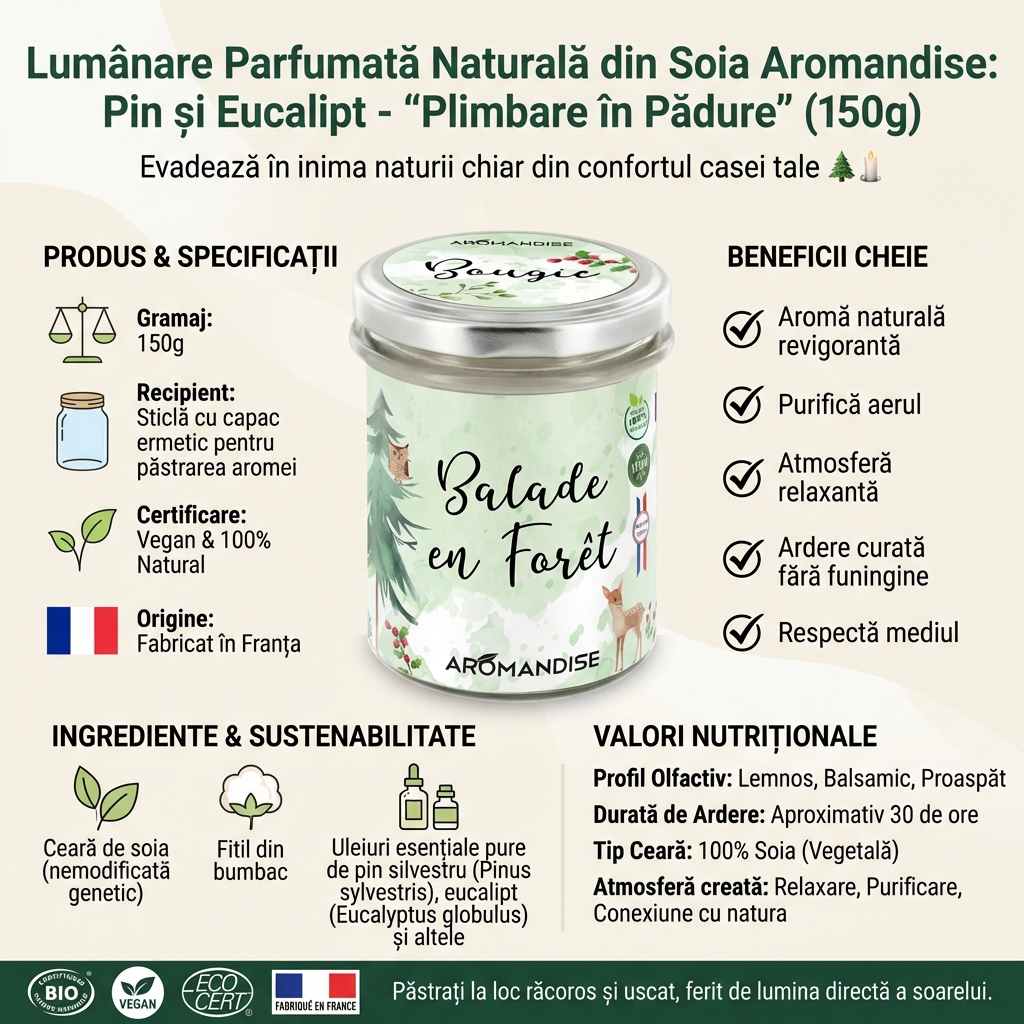 Lumânare Parfumată Naturală din Soia Aromandise: Pin și Eucalipt - "Plimbare în Pădure" (150g) 4