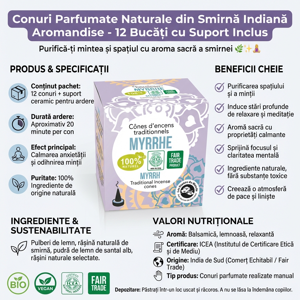 Conuri Parfumate Naturale din Smirnă Indiană Aromandise - 12 Bucăți cu Suport Inclus 4