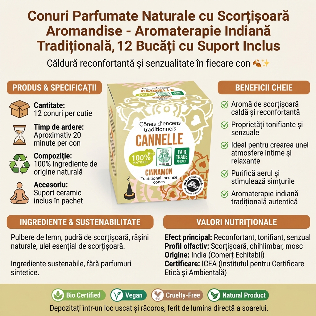 Conuri Parfumate Naturale cu Scorțișoară Aromandise - Aromaterapie Indiană Tradițională, 12 Bucăți cu Suport Inclus 4