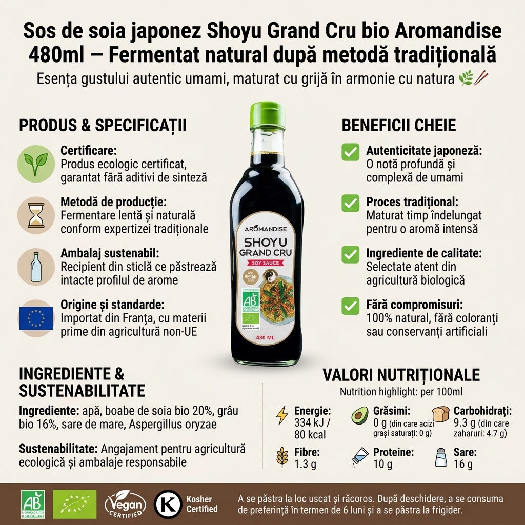 Sos de soia japonez Shoyu Grand Cru bio Aromandise 480ml – Fermentat natural după metodă tradițională 4