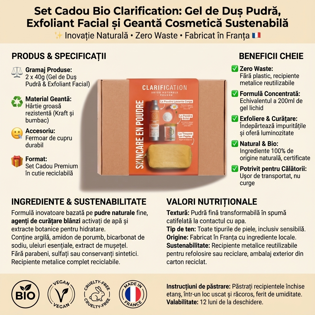Set Cadou Bio Clarification: Gel de Duș Pudră, Exfoliant Facial și Geantă Cosmetică Sustenabilă 4