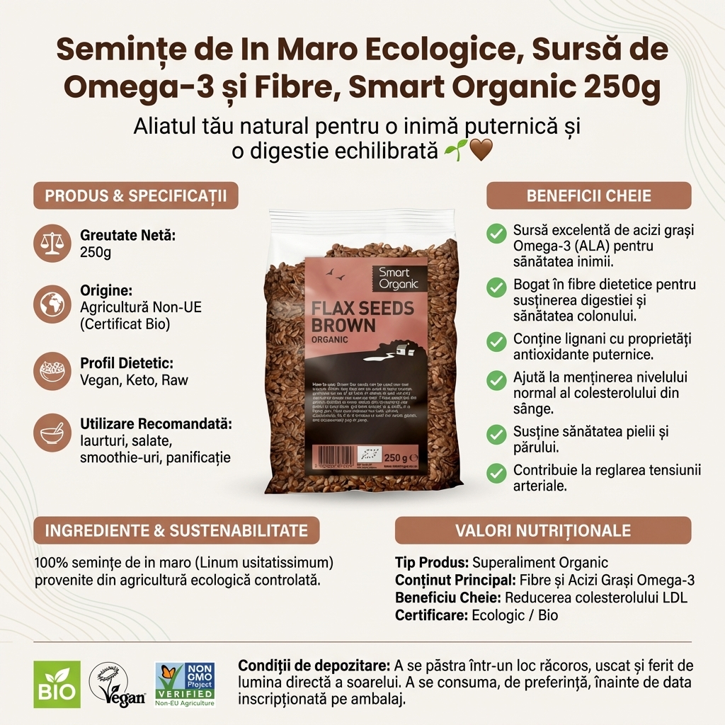Semințe de In Maro Ecologice, Sursă de Omega-3 și Fibre, Smart Organic 250g 4
