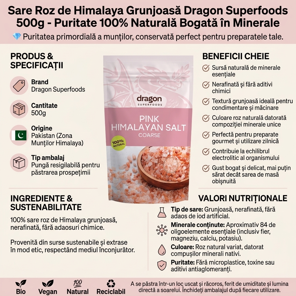 Sare Roz de Himalaya Grunjoasă Dragon Superfoods 500g - Puritate 100% Naturală Bogată în Minerale 4