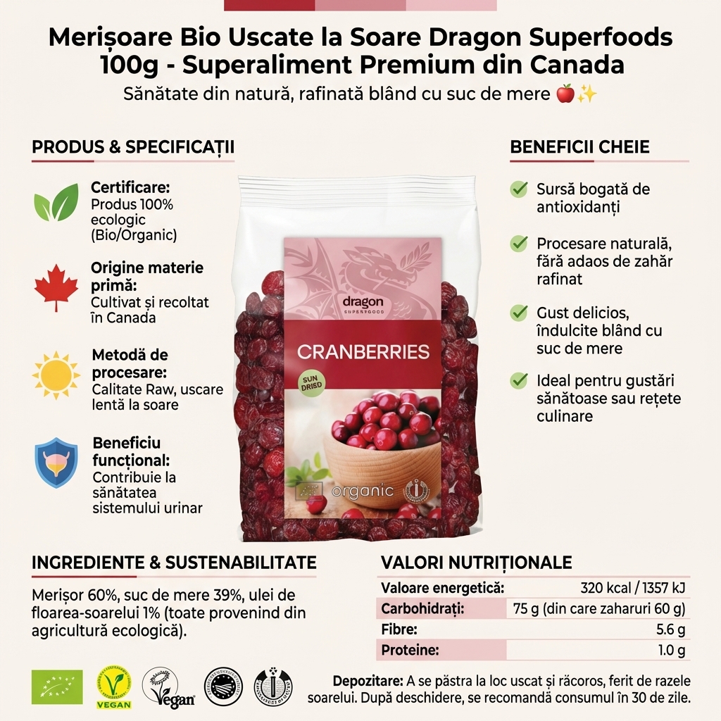 Merișoare Bio Uscate la Soare Dragon Superfoods 100g - Superaliment Premium din Canada 4