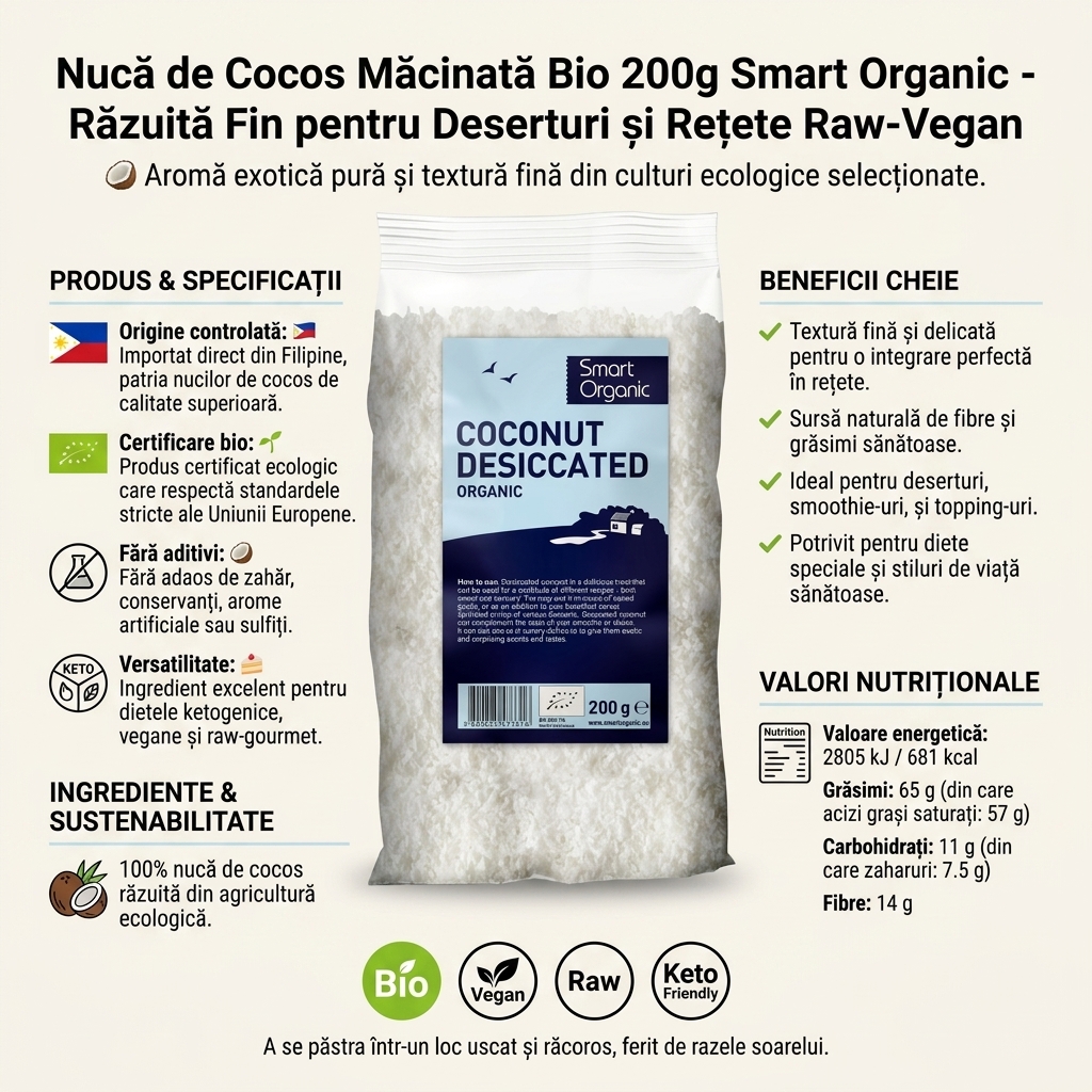 Nucă de Cocos Măcinată Bio 200g Smart Organic - Răzuită Fin pentru Deserturi și Rețete Raw-Vegan 4