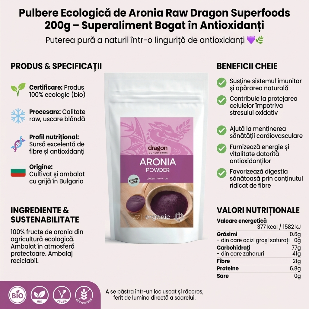 Pulbere Ecologică de Aronia Raw Dragon Superfoods 200g – Superaliment Bogat în Antioxidanți 4