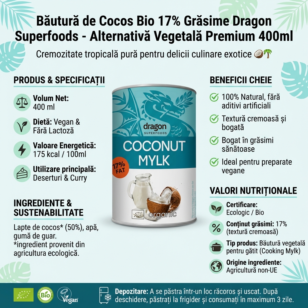 Băutură de Cocos Bio 17% Grăsime Dragon Superfoods - Alternativă Vegetală Premium 400ml 4