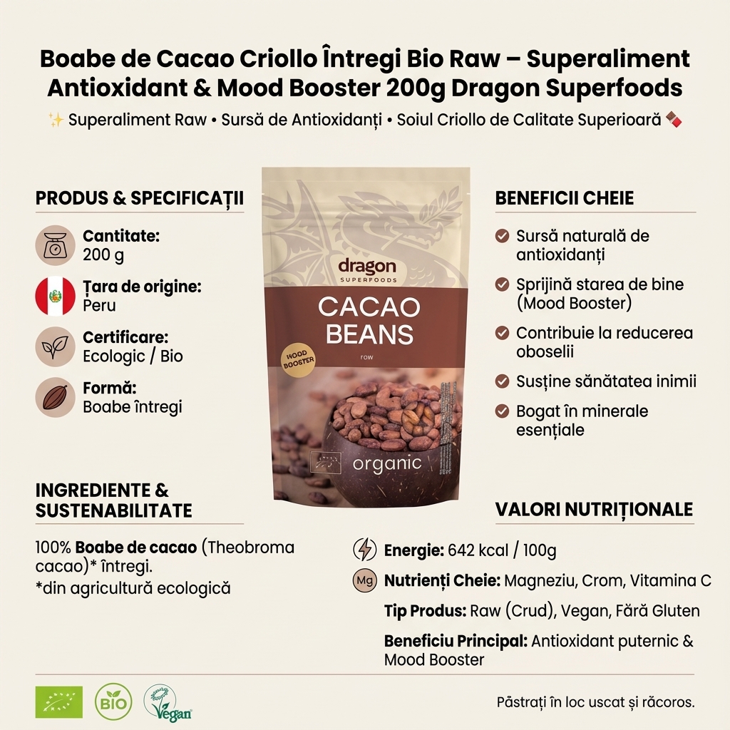 Boabe de Cacao Criollo Întregi Bio Raw – Superaliment Antioxidant & Mood Booster 200g Dragon Superfoods 4