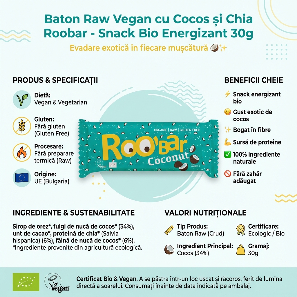 Baton Raw Vegan cu Cocos și Chia Roobar - Snack Bio Energizant 30g 4