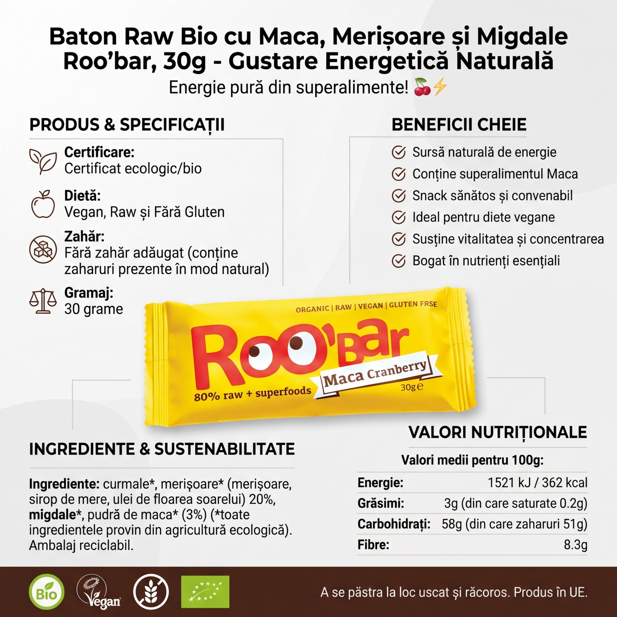 Baton Raw Bio cu Maca, Merișoare și Migdale Roo'bar, 30g - Gustare Energetică Naturală 4
