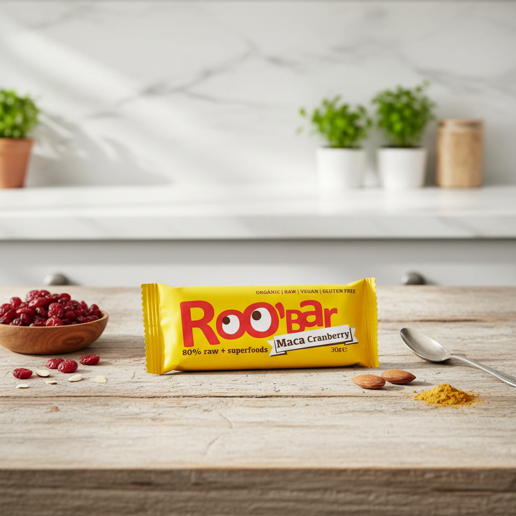 Baton Raw Bio cu Maca, Merișoare și Migdale Roo'bar, 30g - Gustare Energetică Naturală