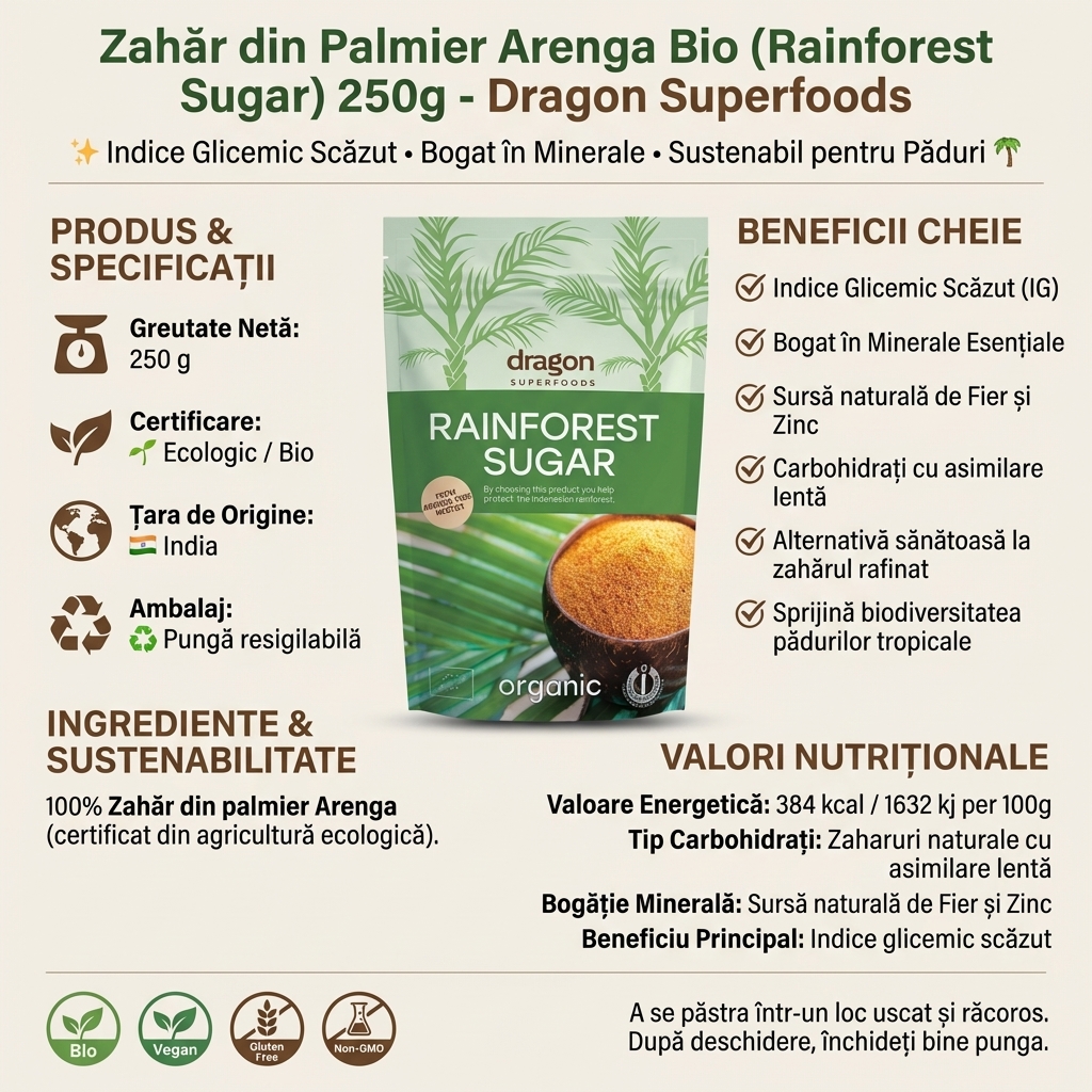 Zahăr din Palmier Arenga Bio (Rainforest Sugar) 250g - Dragon Superfoods 4