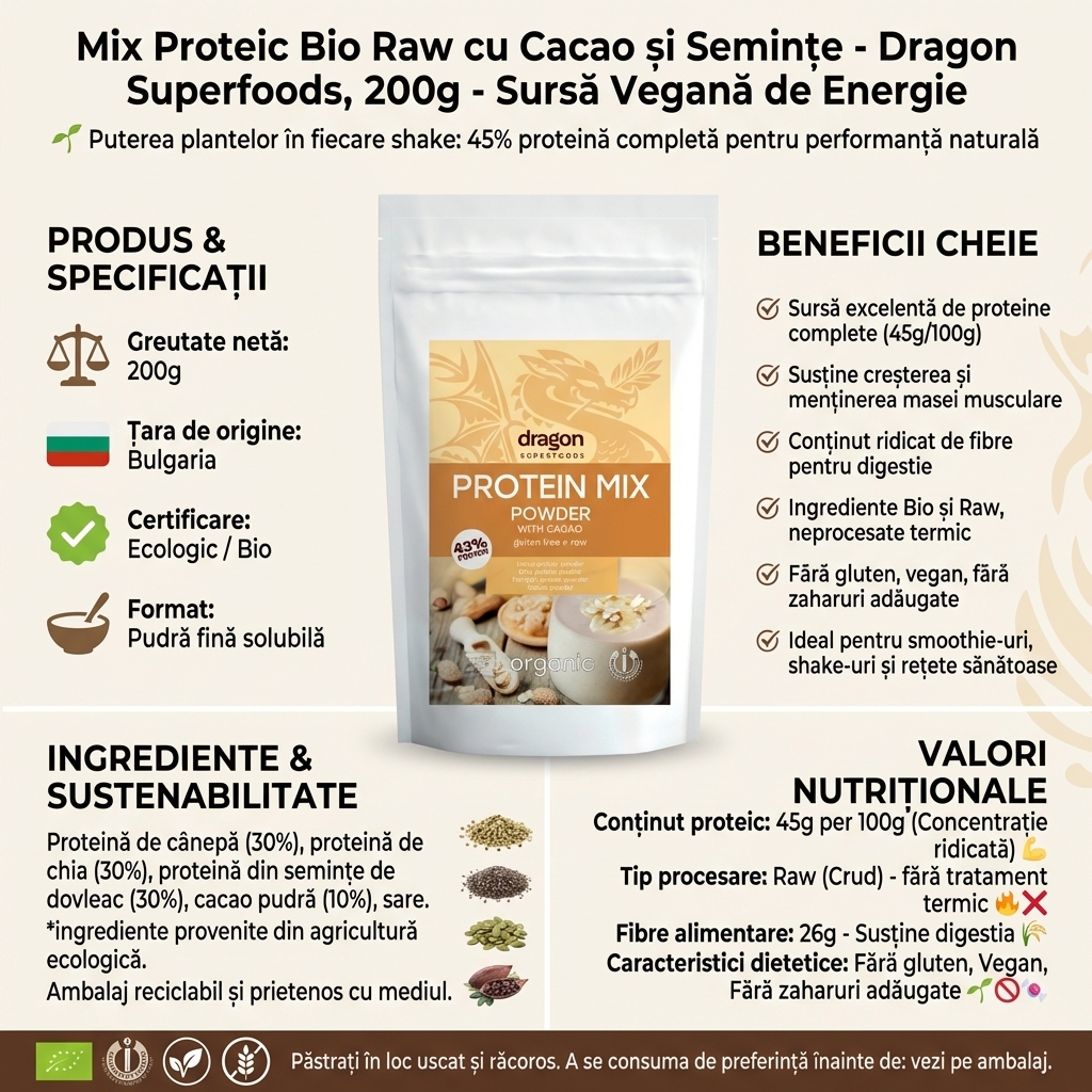 Mix Proteic Bio Raw cu Cacao și Semințe - Dragon Superfoods, 200g - Sursă Vegană de Energie 4