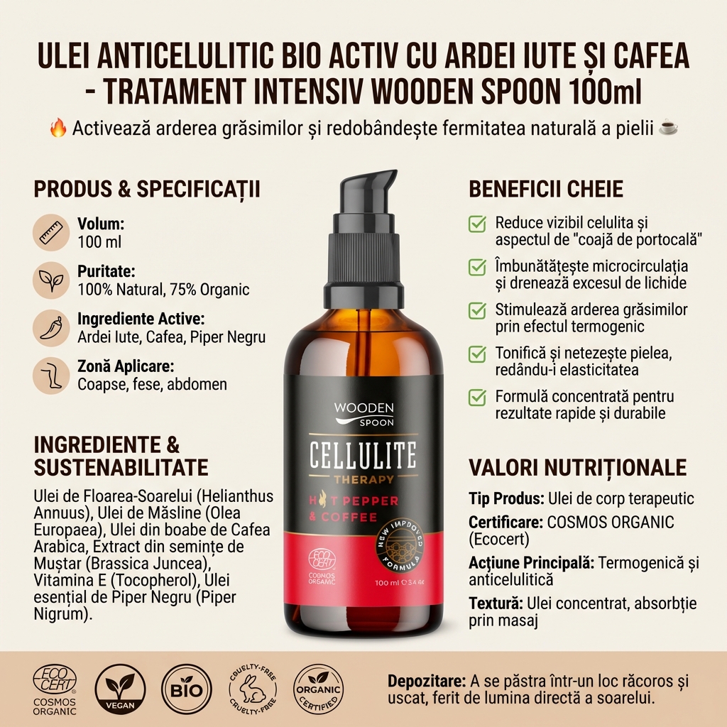 Ulei Anticelulitic Bio Activ cu Ardei Iute și Cafea - Tratament Intensiv Wooden Spoon 100ml 4