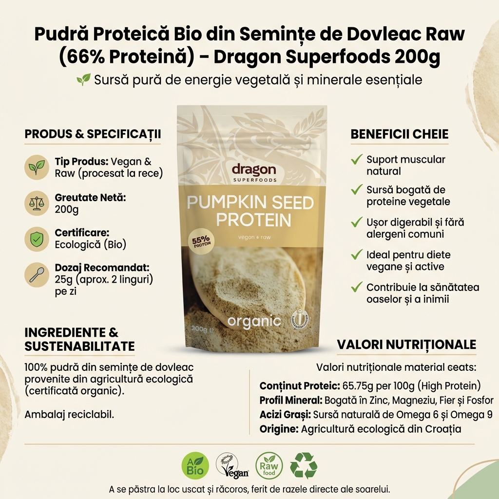 Pudră Proteică Bio din Semințe de Dovleac Raw (66% Proteină) – Dragon Superfoods 200g 4