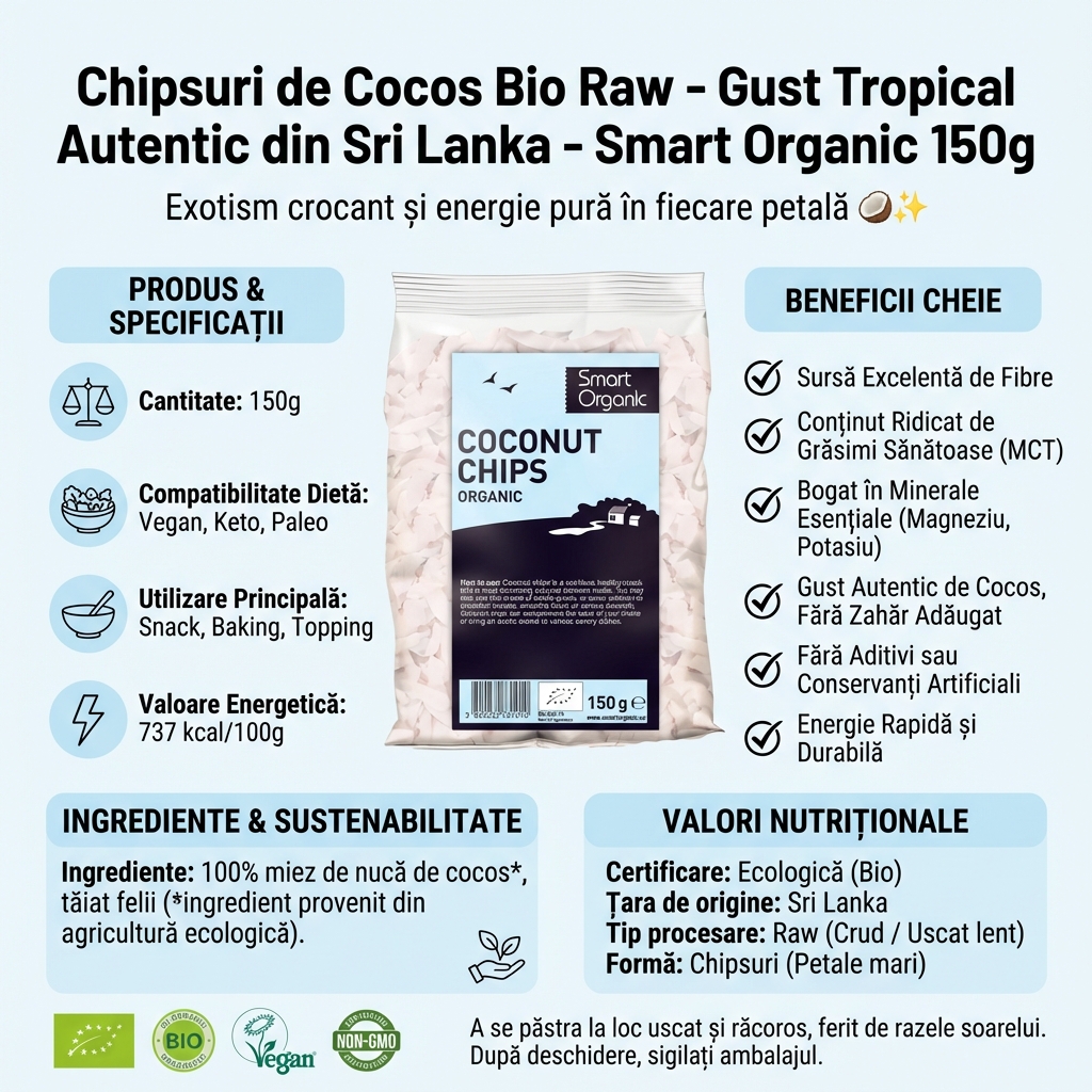 Chipsuri de Cocos Bio Raw - Gust Tropical Autentic din Sri Lanka - Smart Organic 150g 4