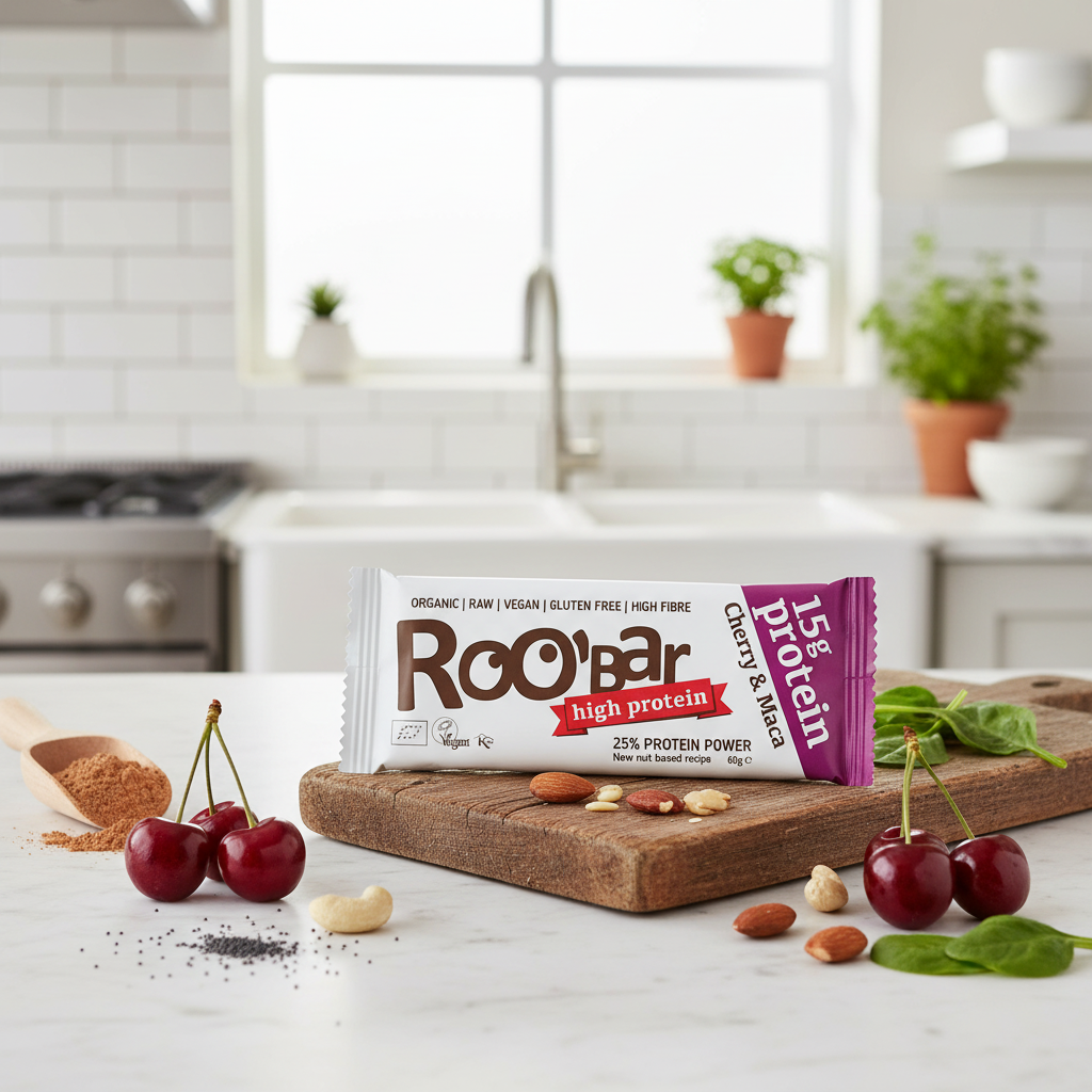 Baton Proteic Bio cu Cireșe și Maca Roobar 60g - 15g Proteine Vegetale pentru Energie și Recuperare 2
