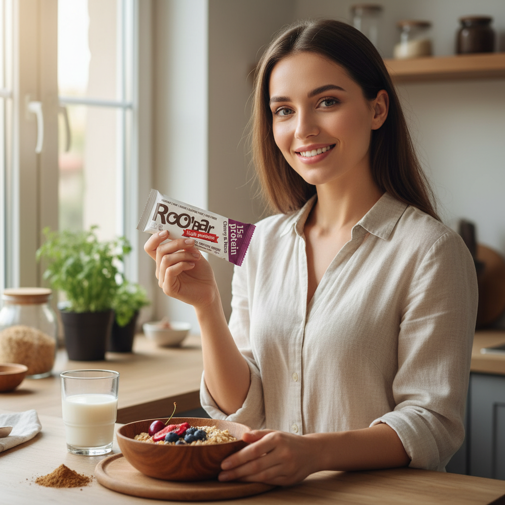 Baton Proteic Bio cu Cireșe și Maca Roobar 60g - 15g Proteine Vegetale pentru Energie și Recuperare 3