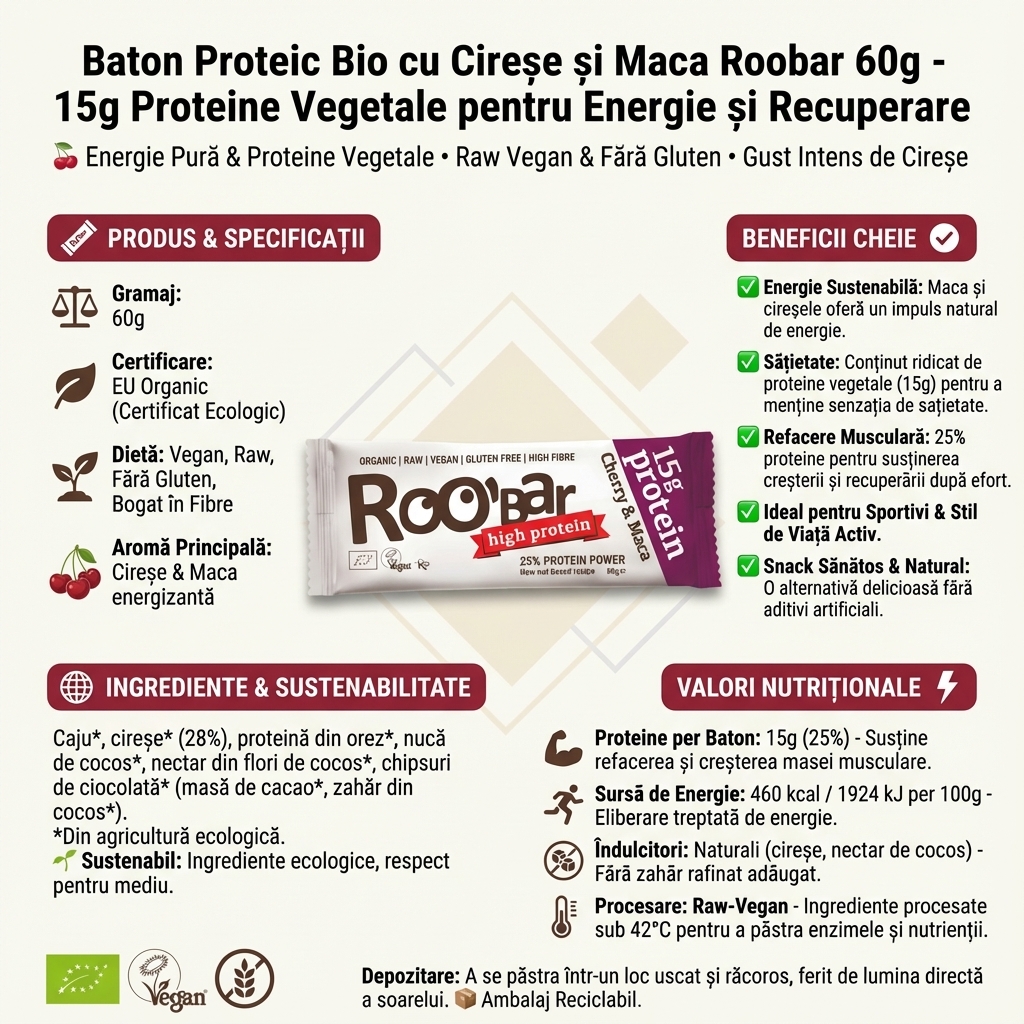 Baton Proteic Bio cu Cireșe și Maca Roobar 60g - 15g Proteine Vegetale pentru Energie și Recuperare 4