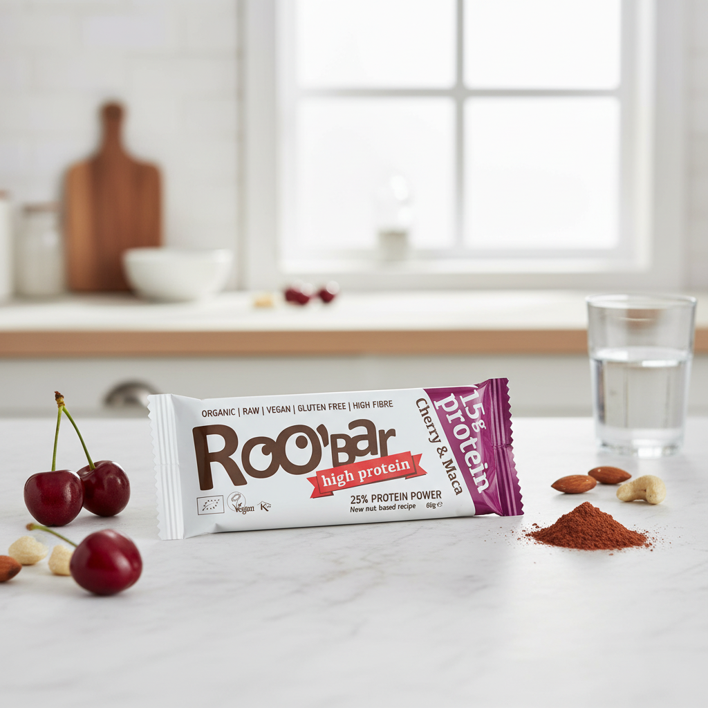 Baton Proteic Bio cu Cireșe și Maca Roobar 60g - 15g Proteine Vegetale pentru Energie și Recuperare