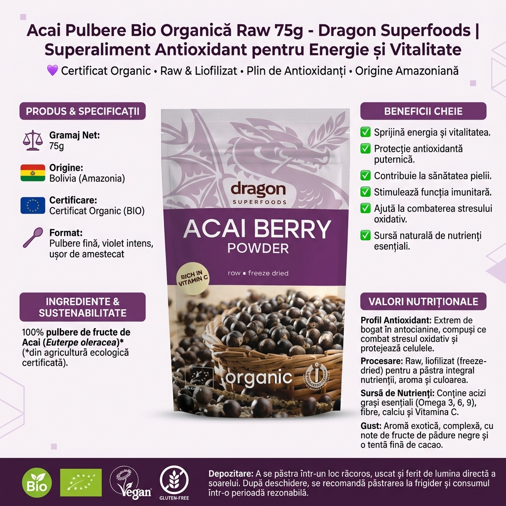 Acai Pulbere Bio Organică Raw 75g - Dragon Superfoods | Superaliment Antioxidant pentru Energie și Vitalitate 4