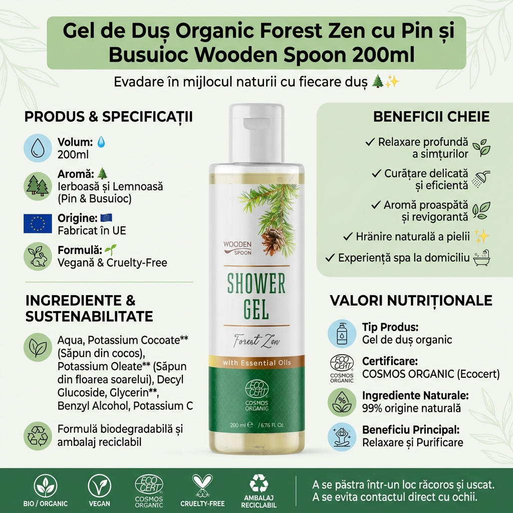 Gel de Duș Organic Forest Zen cu Pin și Busuioc Wooden Spoon 200ml 4