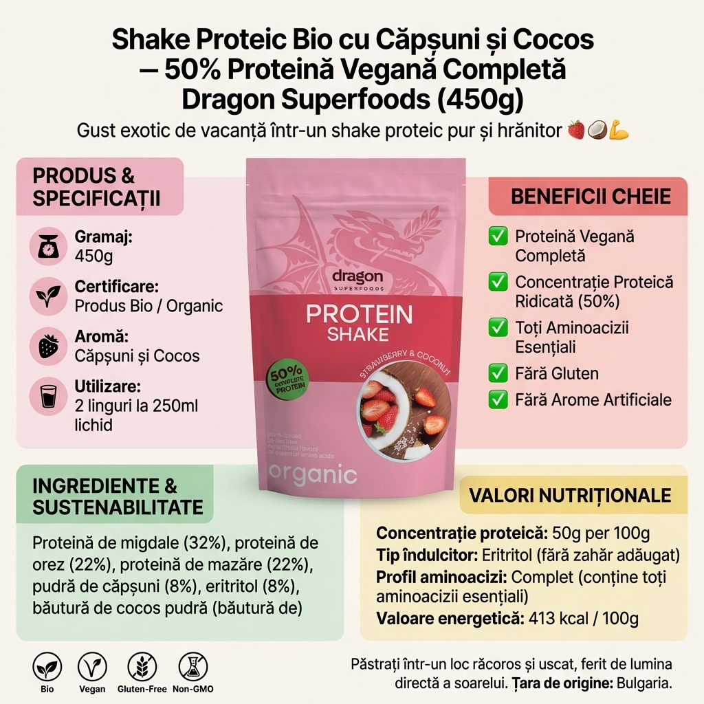 Shake Proteic Bio cu Căpșuni și Cocos - 50% Proteină Vegană Completă Dragon Superfoods (450g) 3