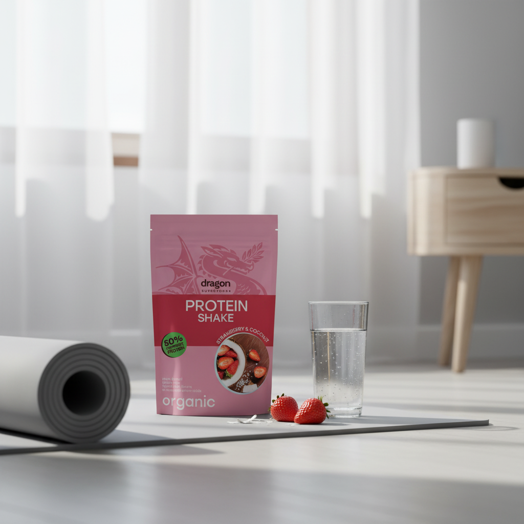 Shake Proteic Bio cu Căpșuni și Cocos - 50% Proteină Vegană Completă Dragon Superfoods (450g)