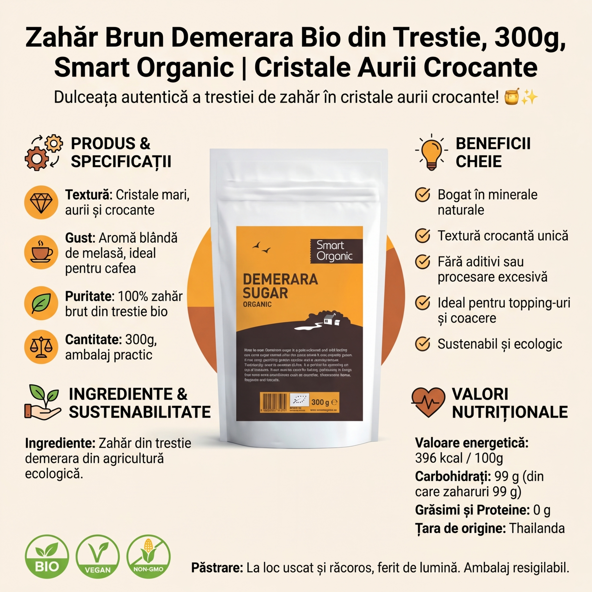 Zahăr Brun Demerara Bio din Trestie, 300g, Smart Organic | Cristale Aurii Crocante 4