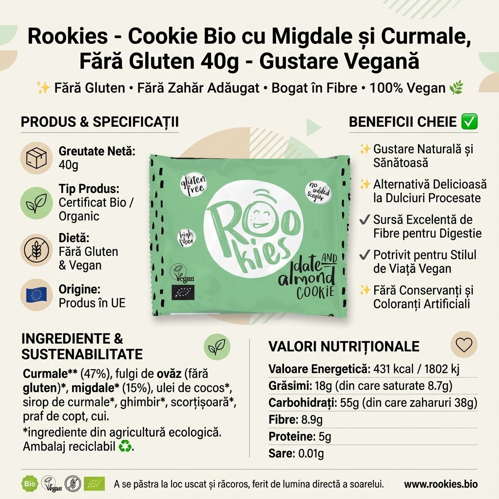 Rookies - Cookie Bio cu Migdale și Curmale, Fără Gluten 40g - Gustare Vegană 4