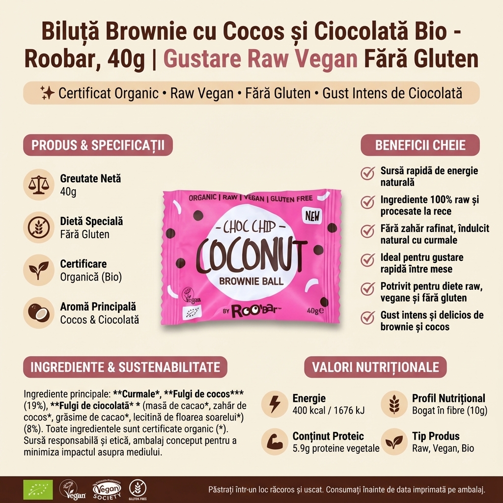 Biluță Brownie cu Cocos și Ciocolată Bio - Roobar, 40g | Gustare Raw Vegan Fără Gluten 4