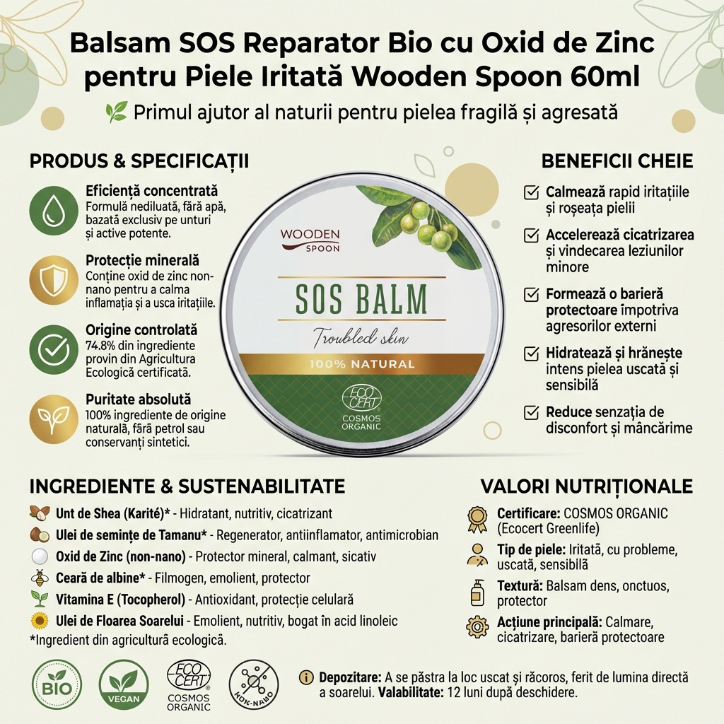 Balsam SOS Reparator Bio cu Oxid de Zinc pentru Piele Iritată Wooden Spoon 60ml 4