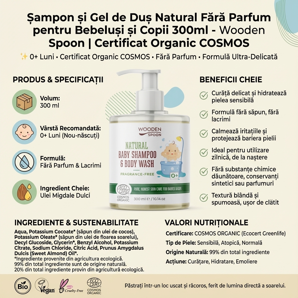 Șampon și Gel de Duș Natural Fără Parfum pentru Bebeluși și Copii 300ml - Wooden Spoon | Certificat Organic COSMOS 4