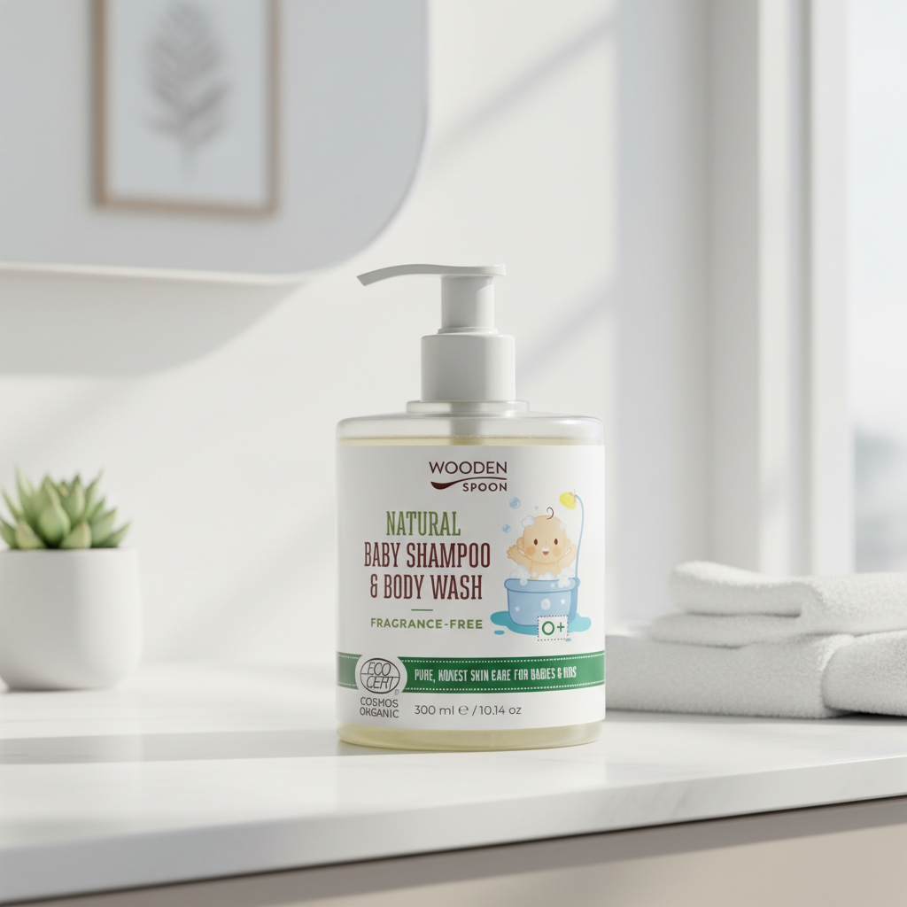 Șampon și Gel de Duș Natural Fără Parfum pentru Bebeluși și Copii 300ml - Wooden Spoon | Certificat Organic COSMOS
