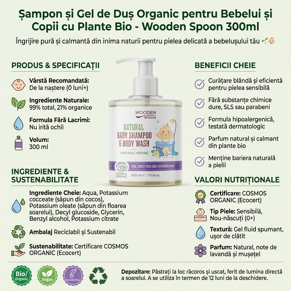 Șampon și Gel de Duș Organic pentru Bebelui și Copii cu Plante Bio - Wooden Spoon 300ml 4