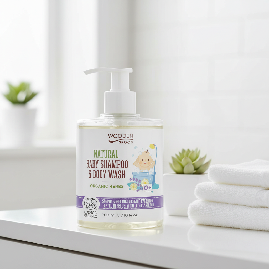 Șampon și Gel de Duș Organic pentru Bebelui și Copii cu Plante Bio - Wooden Spoon 300ml