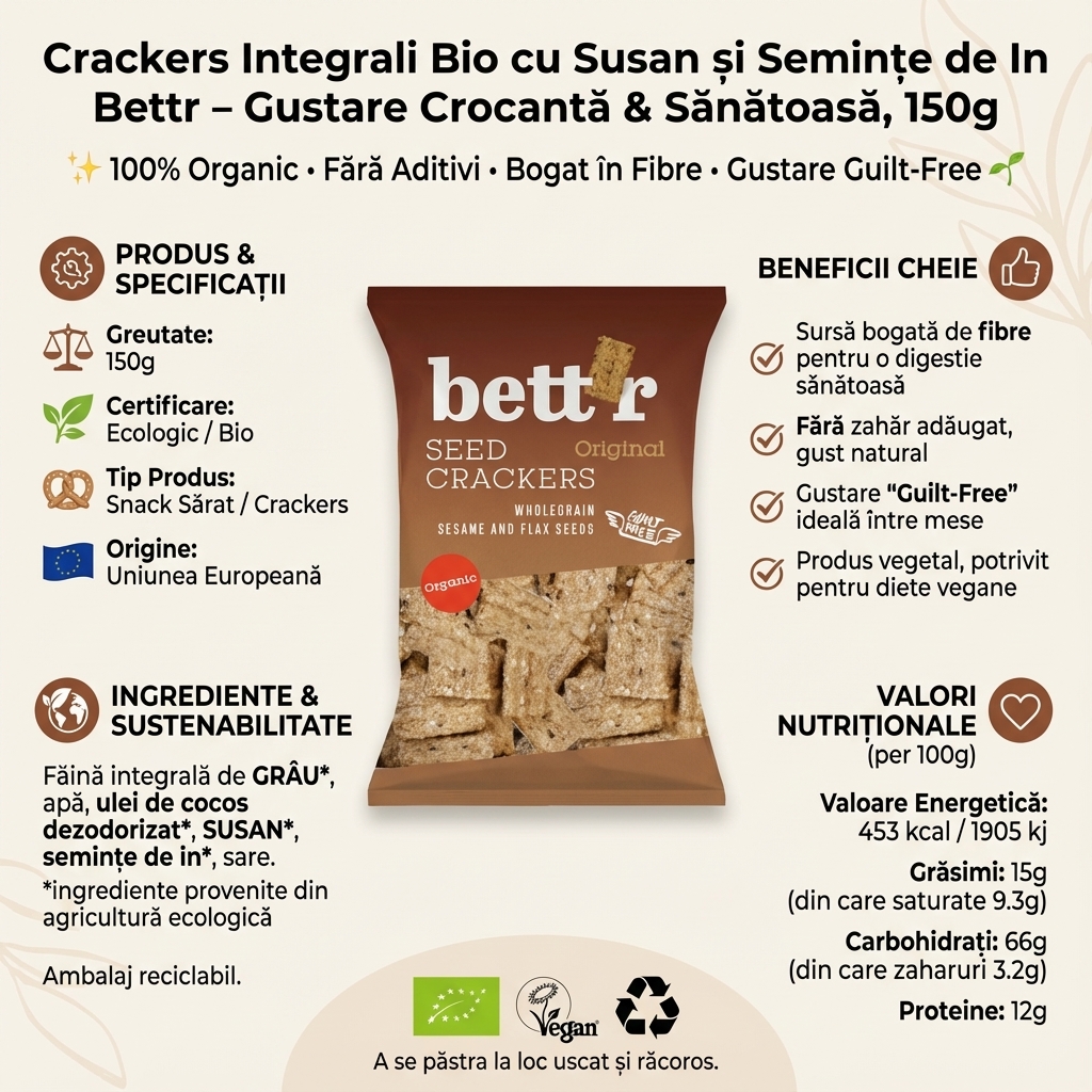 Crackers Integrali Bio cu Susan și Semințe de In Bettr - Gustare Crocantă & Sănătoasă, 150g 4