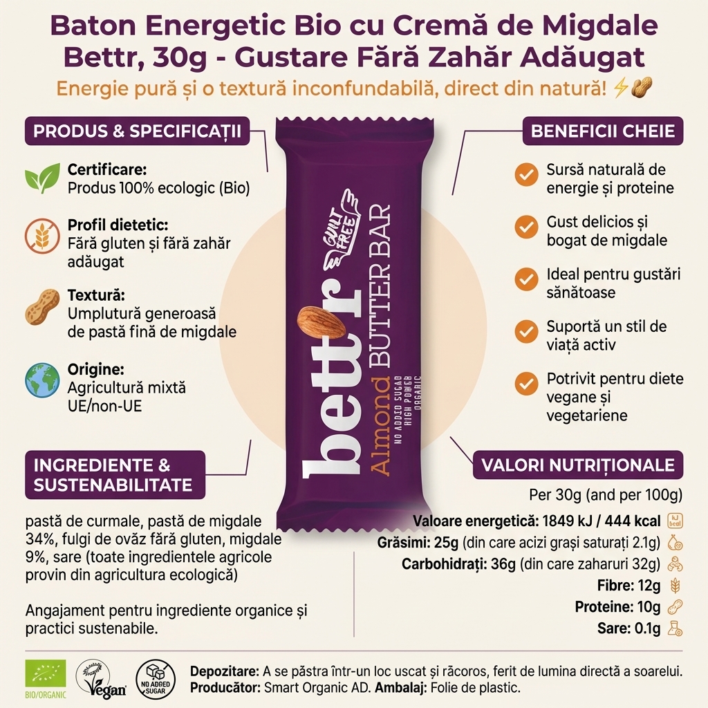 Baton Energetic Bio cu Cremă de Migdale Bettr, 30g - Gustare Fără Zahăr Adăugat 4